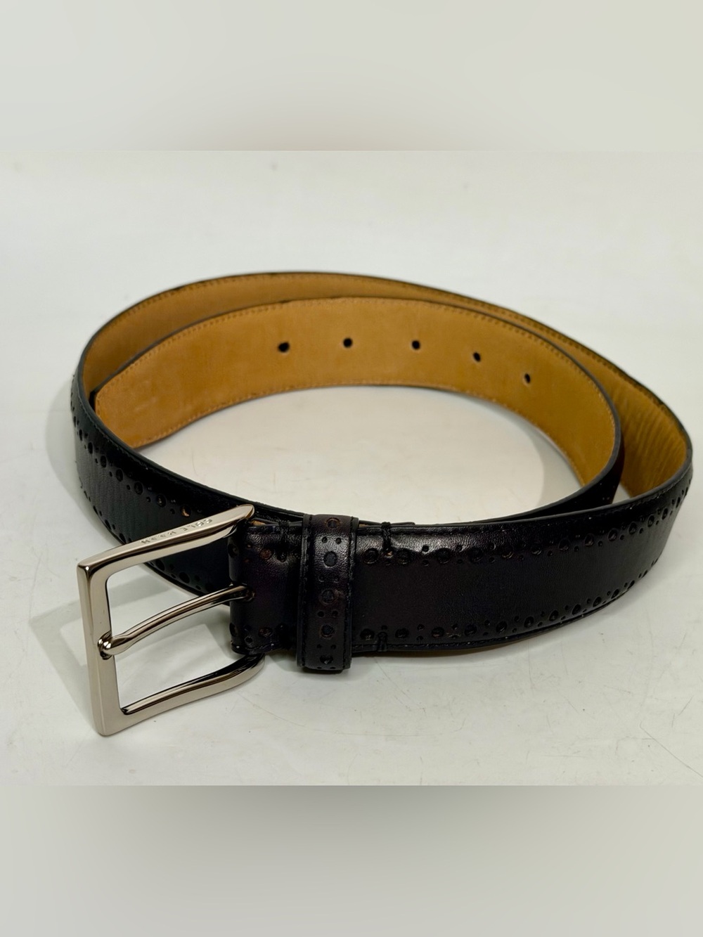 Cole Haan Mens Black Gen Leather Silver Buckle Adjustable Fashion Belt Size 34
